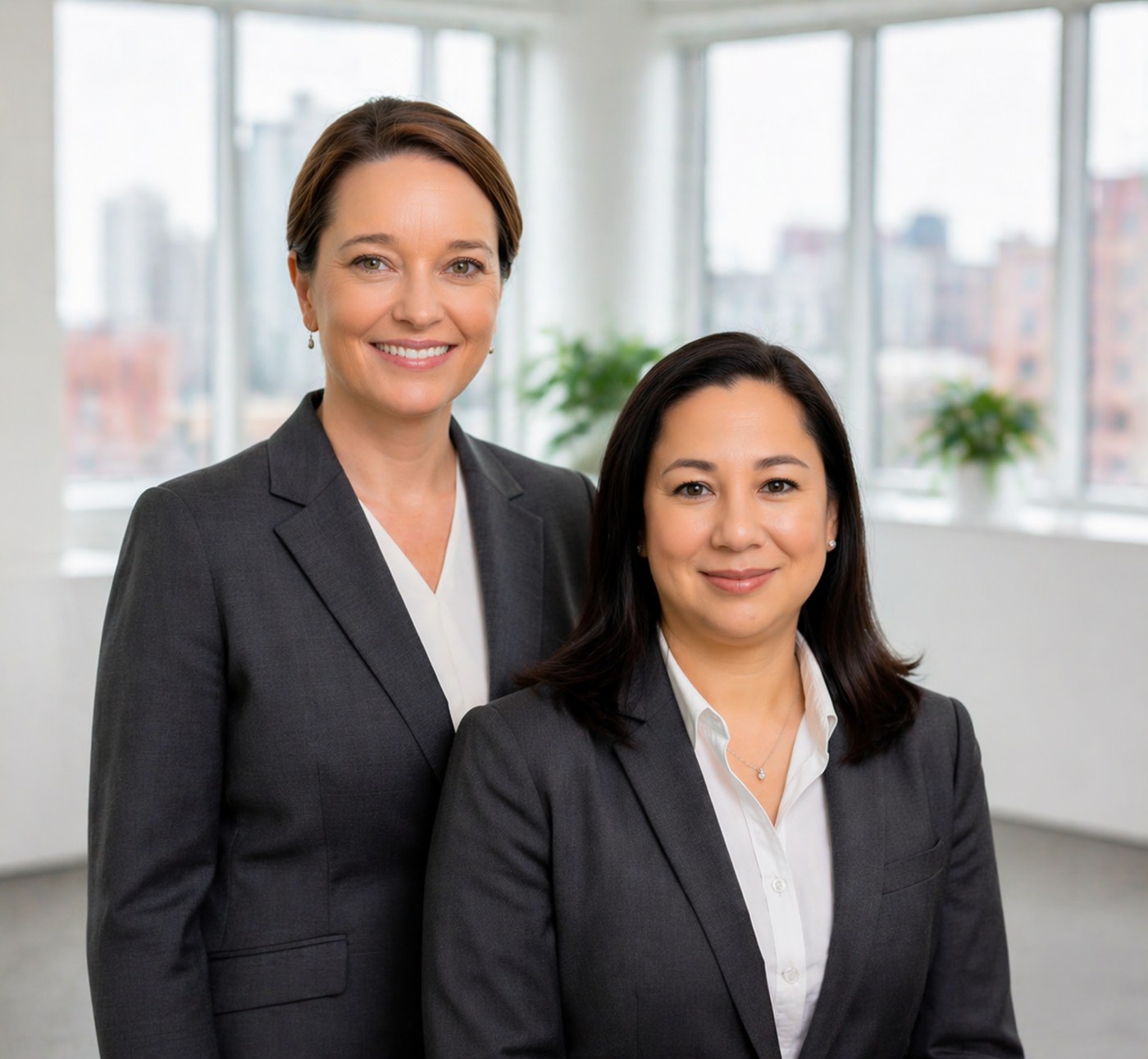 Lisa Thomas, Founder & CEO, with Adriana Baltazar, Director of People & Operations, in a modern corner office overlooking the city skyline.