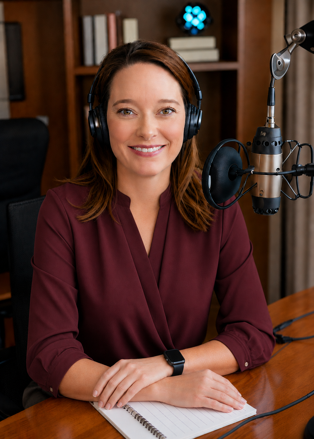 Lisa Thomas hosting The 96% Perfect Podcast — at the recording desk with headphones and microphone.